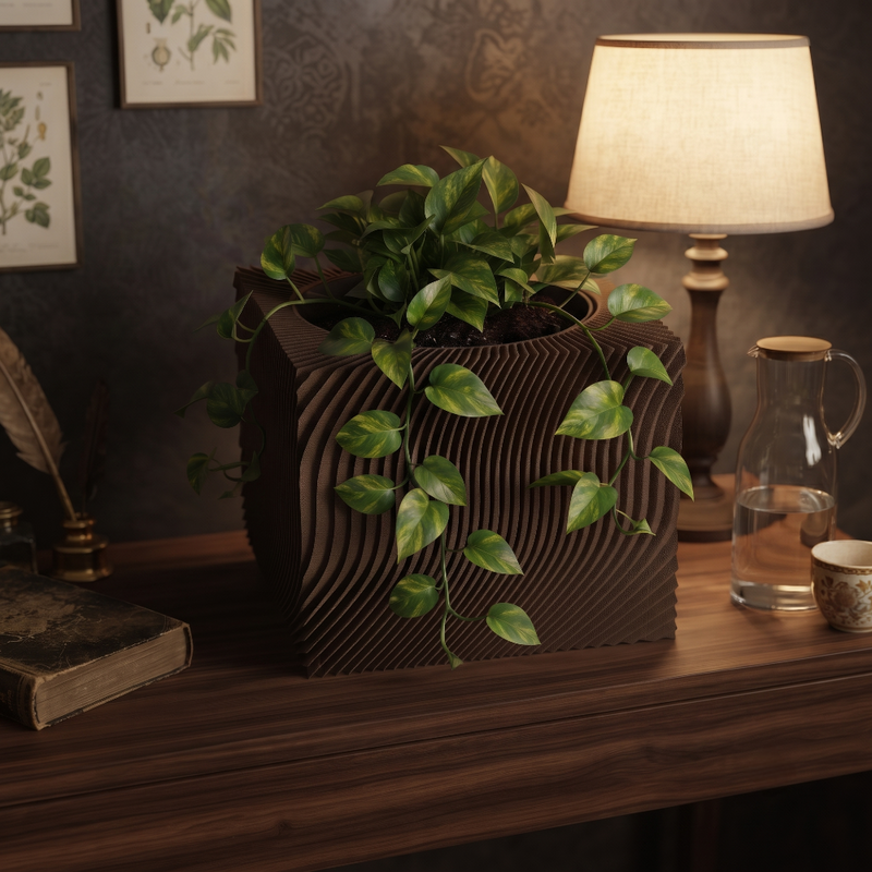 Brown 3D-printed self-watering geometric planter pot with 2-in-1 wick watering system