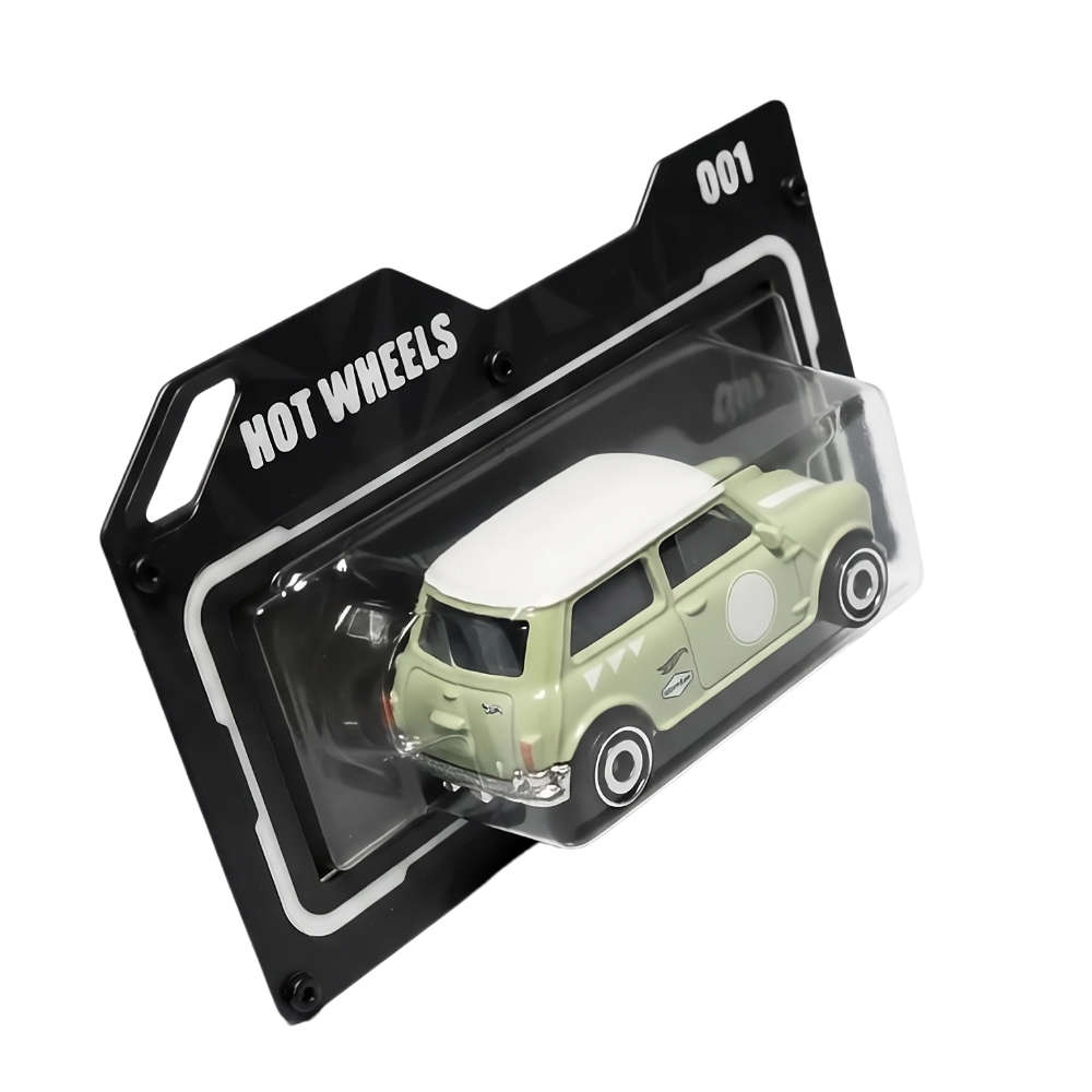 Hot Wheels diecast car in a custom 3D printed display case with Hot Wheels branding.