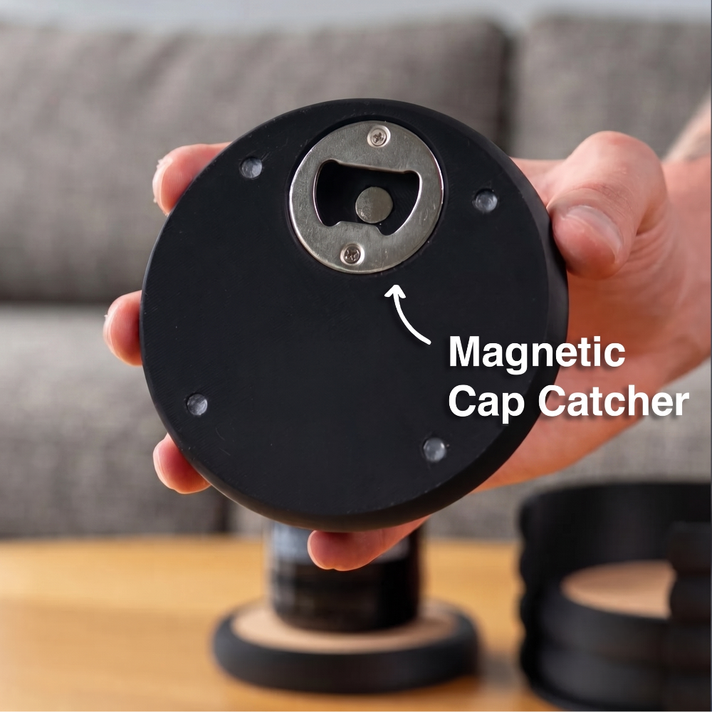 Drink coasters with bottle opener and cork insert