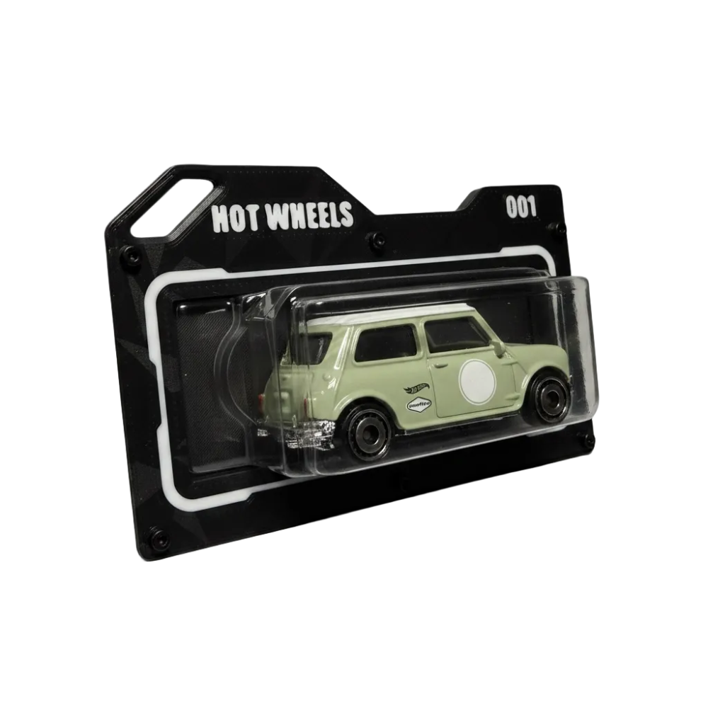 Hot Wheels diecast car in a custom 3D printed display case with Hot Wheels branding.