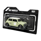 Hot Wheels diecast car in a custom 3D printed display case with Hot Wheels branding.