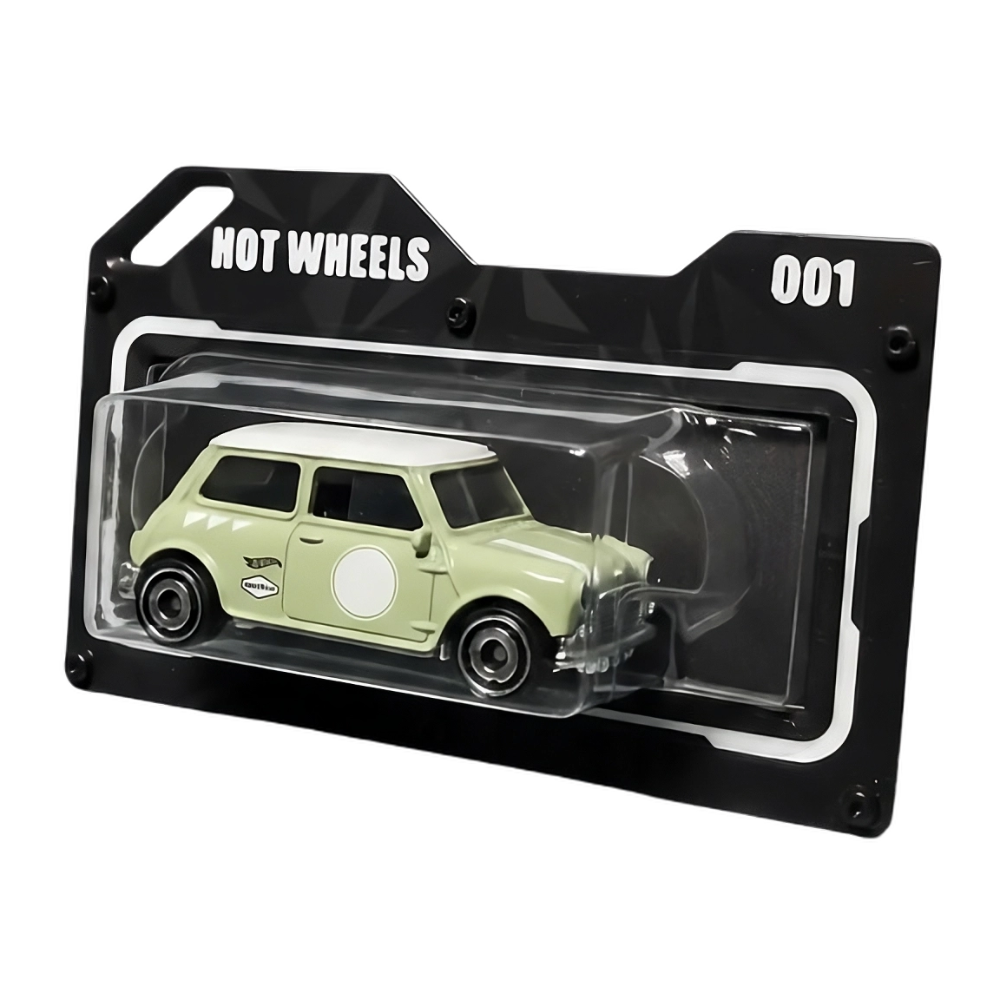 Hot Wheels diecast car in a custom 3D printed display case with Hot Wheels branding.