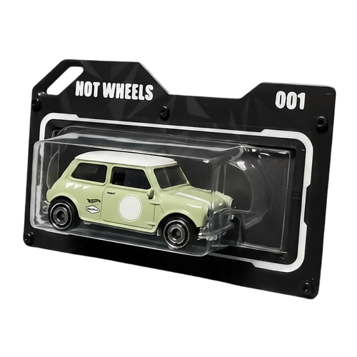 Hot Wheels diecast car in a custom 3D printed display case with Hot Wheels branding.