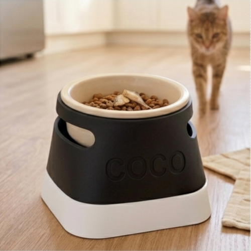 Elevated pet bowl with custom pet name 