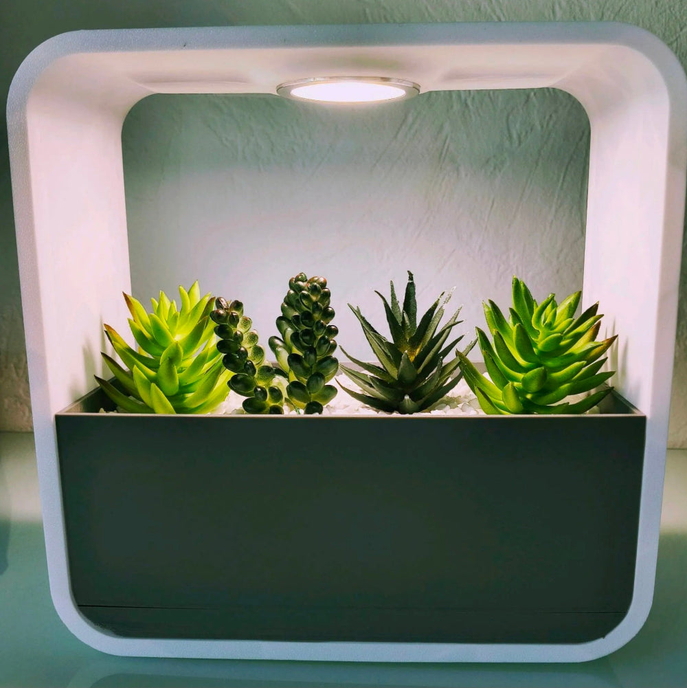 Ambient RGB LED lamp and drip tray planter designed for a clean, mess-free setup.