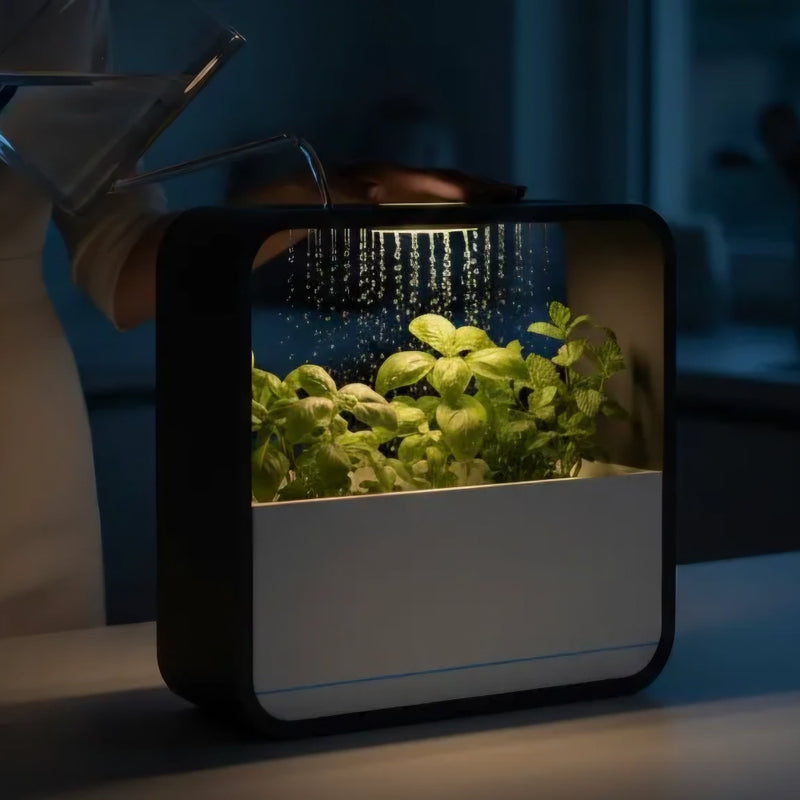 Ambient RGB LED lamp and drip tray planter designed for a clean, mess-free setup.