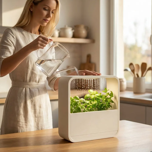 Ambient RGB LED lamp and drip tray planter designed for a clean, mess-free setup.