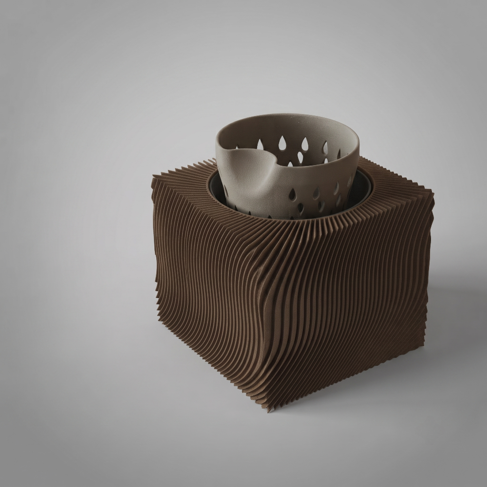 Brown 3D-printed self-watering geometric planter pot with 2-in-1 wick watering system