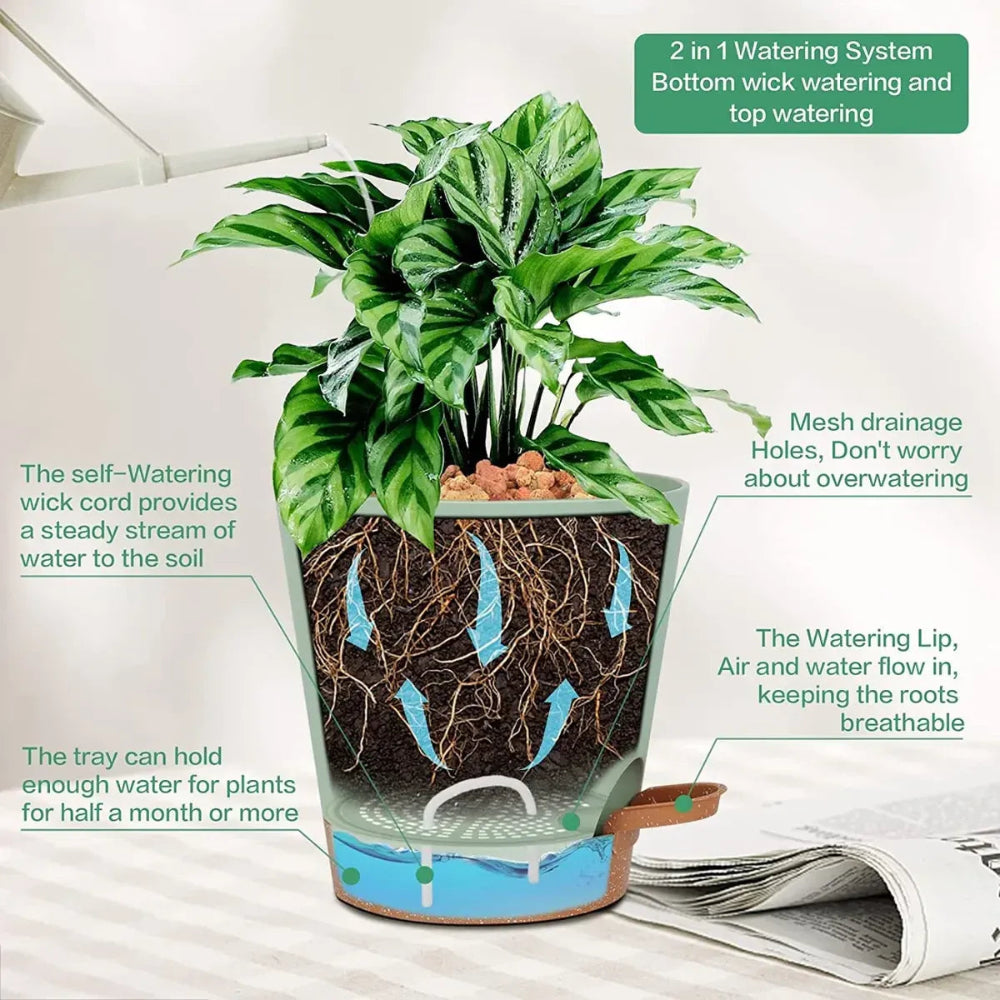 Brown 3D-printed self-watering geometric planter pot with 2-in-1 wick watering system