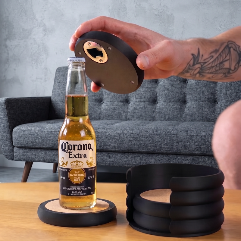 Multi-functional drink coasters with bottle opener and cork insert